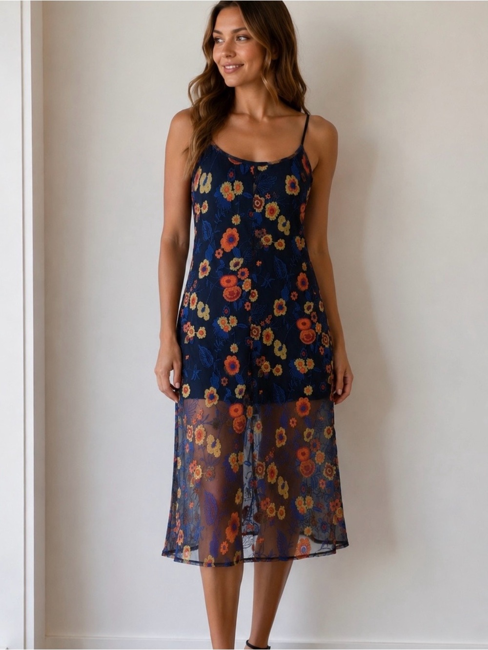 BCBGeneration Navy Floral Sheer Dress with Blue Slip